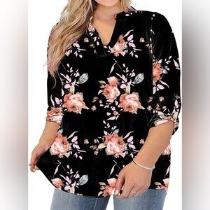 AMCLOS Womens 3XL Plus Size Top Blouse Soft Long Roll Tab Sleeves with Buttons